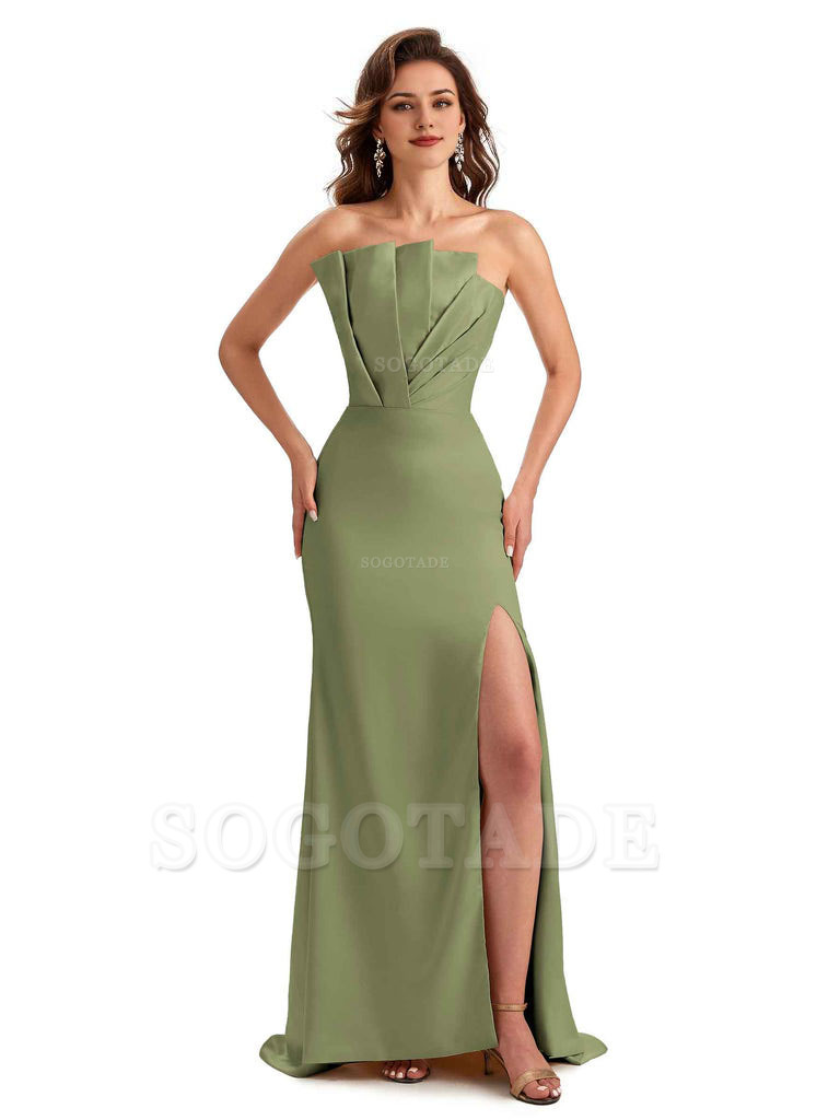 Unique Soft Satin Side Slit Asymmetrical Neckline Mermaid Long Bridesmaid Dresses