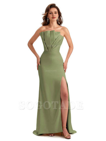 Unique Soft Satin Side Slit Asymmetrical Neckline Mermaid Long Bridesmaid Dresses