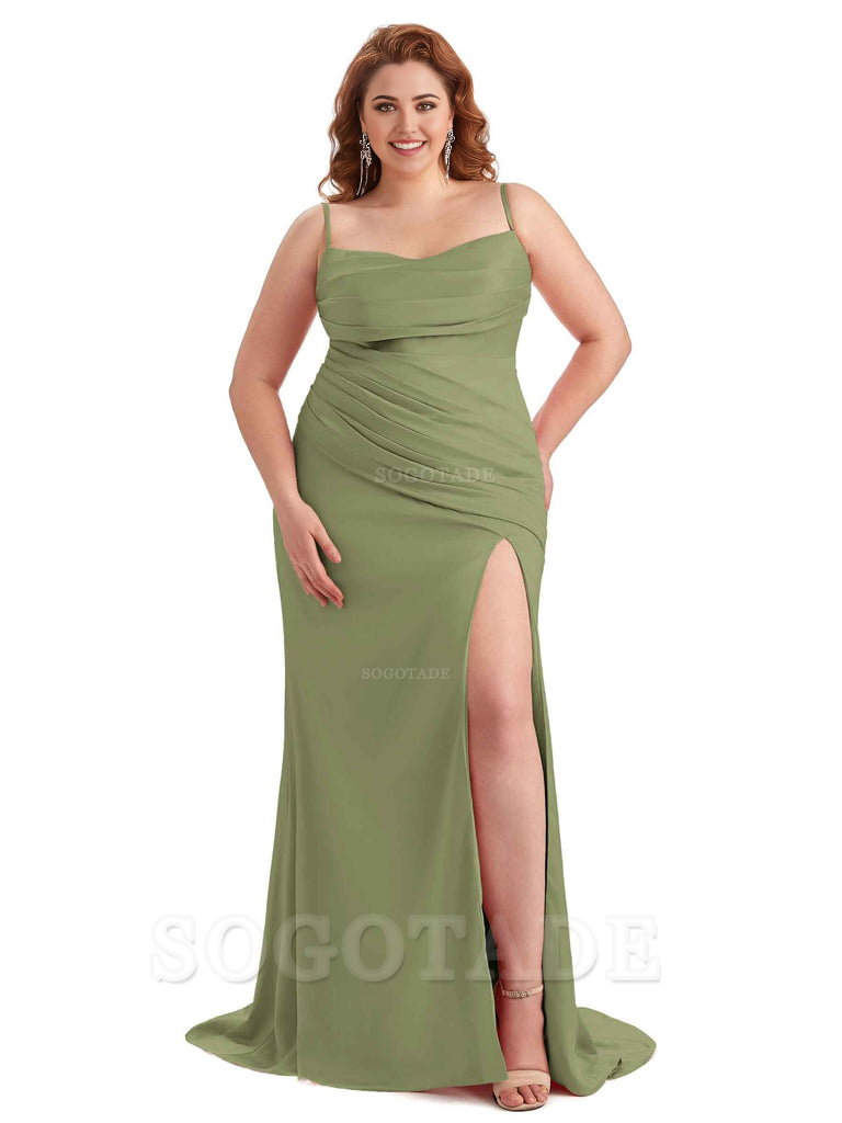 Sexy Side Slit Spaghetti Straps Mermaid Soft Satin Long Plus Size Bridesmaid Dress For Wedding