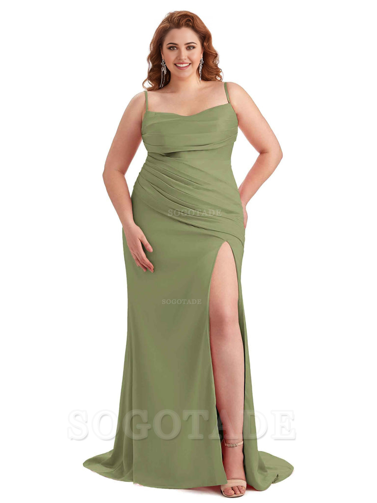 Sexy Side Slit Spaghetti Straps Mermaid Soft Satin Long Plus Size Bridesmaid Dress For Wedding