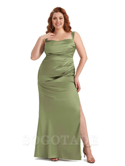 Sexy Side Slit Mermaid Wide Straps Soft Satin Long Plus Size Maid of Bridesmaid Dresses