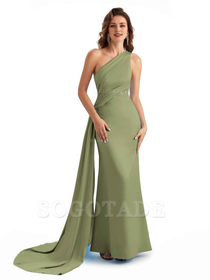 Sexy Mermaid Silky Satin One Shoulder Lace See Through Long Bridesmaid Dresses Online
