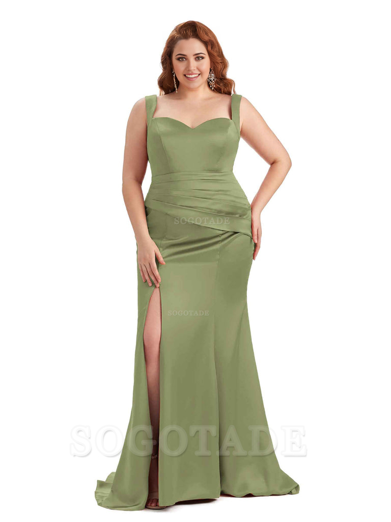 Sexy Side Slit Sleeveless Mermaid Straps Soft Satin Long Plus Size Maid of Bridesmaid Dresses