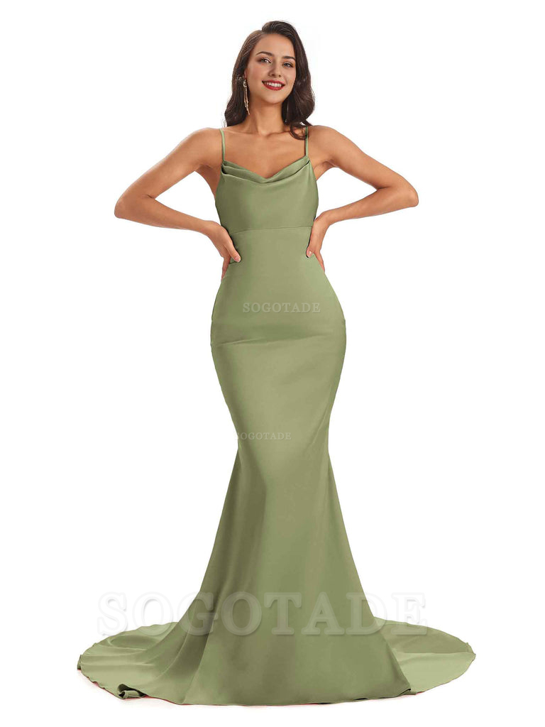 Sexy Backles Soft Satin Spaghetti Straps Maxi Mermaid Bridesmaid Dresses Online prom shop dresses