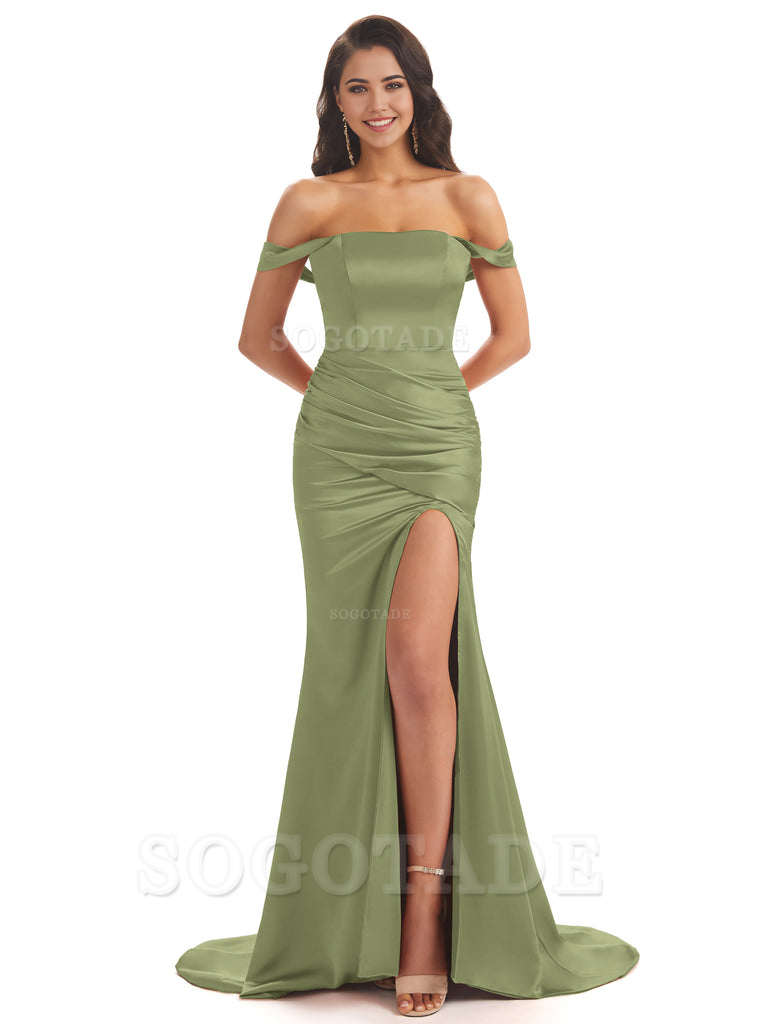 Mermaid Off Shoulder Floor-Length Satin formal dresses evening gown Bridesmaid Dresses With Side Slit 