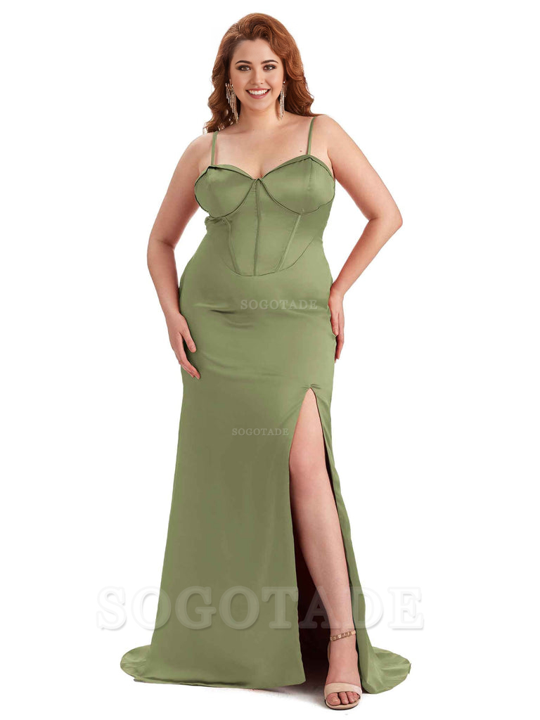 Sexy Spaghetti Straps Side Slit Sleeveless Mermaid Soft Satin Long Bridesmaid Dress Plus Size Dress To Wear to a Wedding