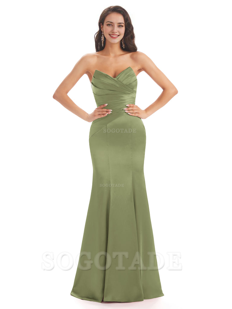 Simple Strapless Sweetheart Soft Satin Mermaid Long Bridesmaid Dresses prom shop dresses