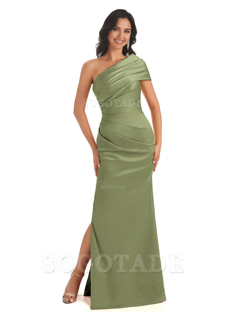 Mermaid One Shoulder Satin Long formal dresses evening gown Bridesmaid Dresses With Side Slit 