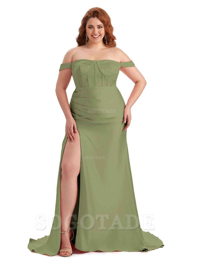 Elegant Off The Shoulder Side Slit Mermaid Soft Satin Floor Length Long Plus Size Bridesmaid Gowns