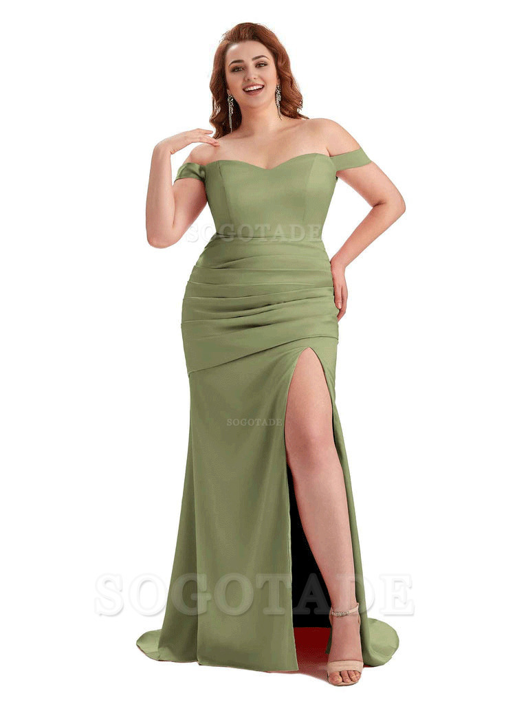 Sexy Mermaid Off The Shoulder Side Slit Soft Satin Long Plus Size Wedding Party Dresses