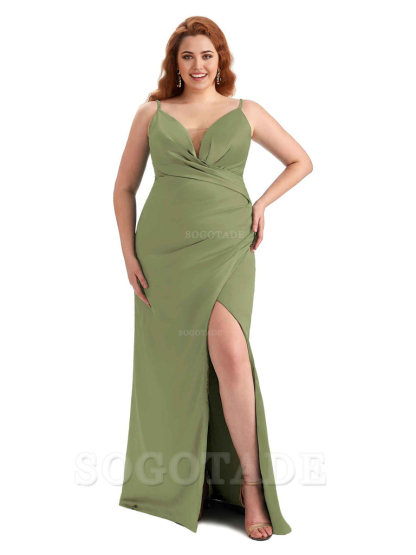 Sexy Side Slit Spaghetti Straps Sleeveless Mermaid V-neck Soft Satin Long Plus Size Bridesmaid Dress For Wedding