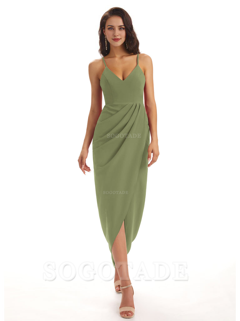 Simple Soft Satin Spaghetti Straps Mermaid Midi Bridesmaid Dresses prom shop dresses