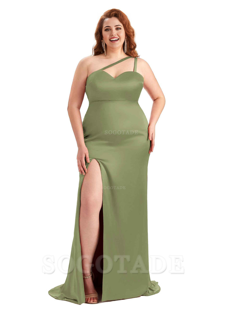 Sexy Side Slit Sleeveless Mermaid One Shoulder Soft Satin Long Plus Size Bridesmaid Dress For Wedding