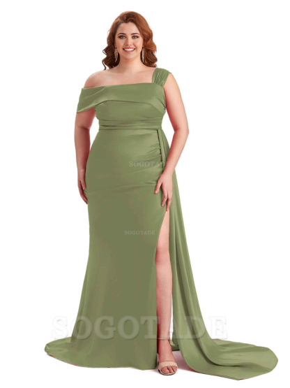 Sexy Side Hight Slit One Shoulder Mermaid Soft Satin Long Plus Size With Train Matron of Honor Dresses