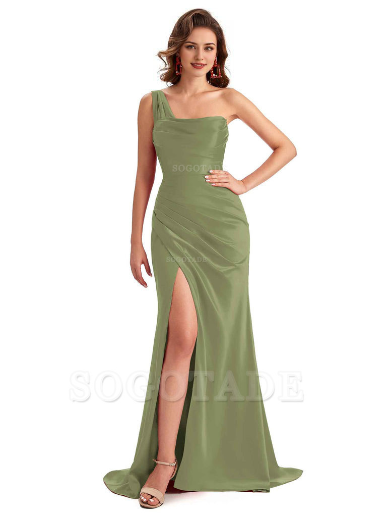 Sexy One Shoulder Side Slit Silky Satin Chic Long Mermaid Trumpet Bridesmaid Dress