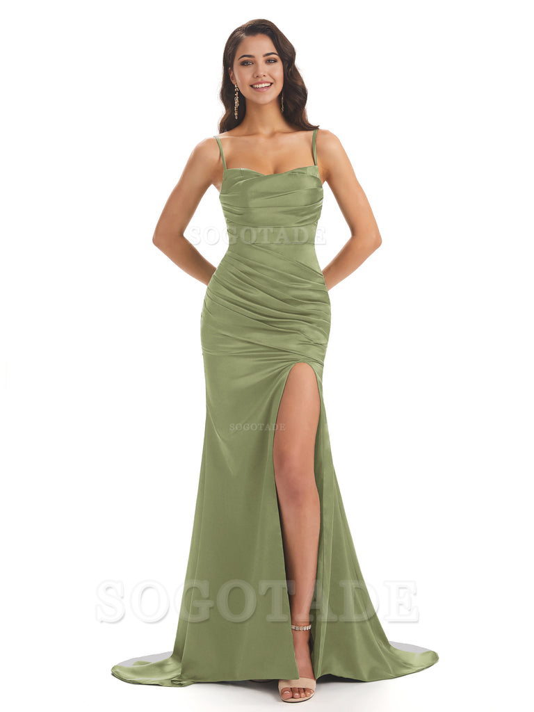 Mermaid Spaghetti Straps Satin Side Slit formal dresses evening gown Bridesmaid Dresses