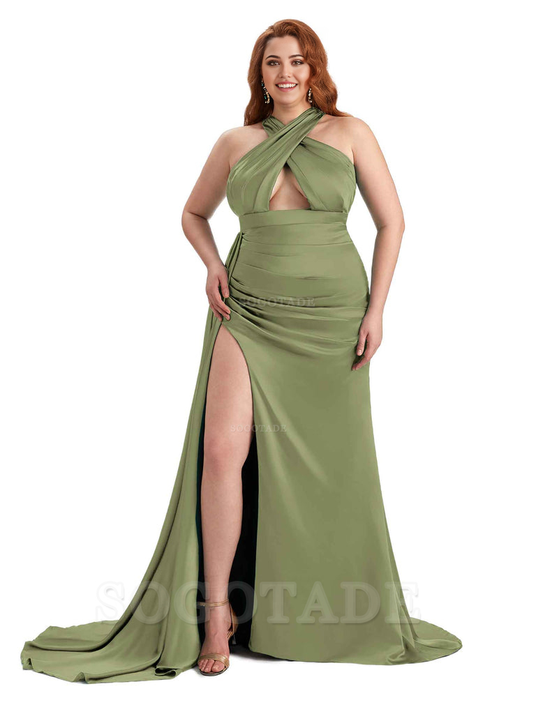 Sexy Halter Side Hight Slit Sleeveless Mermaid Soft Satin Long Plus Size Bridesmaid Dress For Wedding