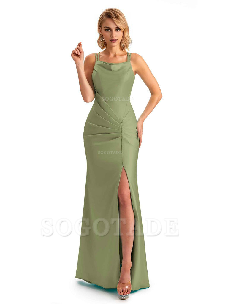 Soft Satin Spaghetti Straps Side Slit Long Unique Mermaid Beautiful Dresses For Wedding