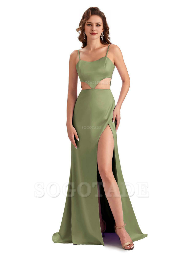 Sexy Satin Side Slit Spaghetti Straps Mermaid Long Unique Curve Wedding Guest Dresses