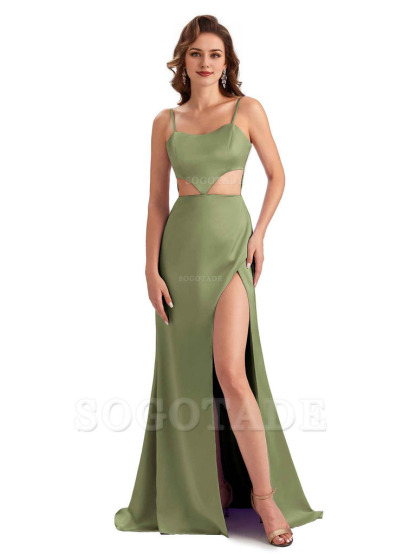Sexy Satin Side Slit Spaghetti Straps Mermaid Long Unique Curve Wedding Guest Dresses