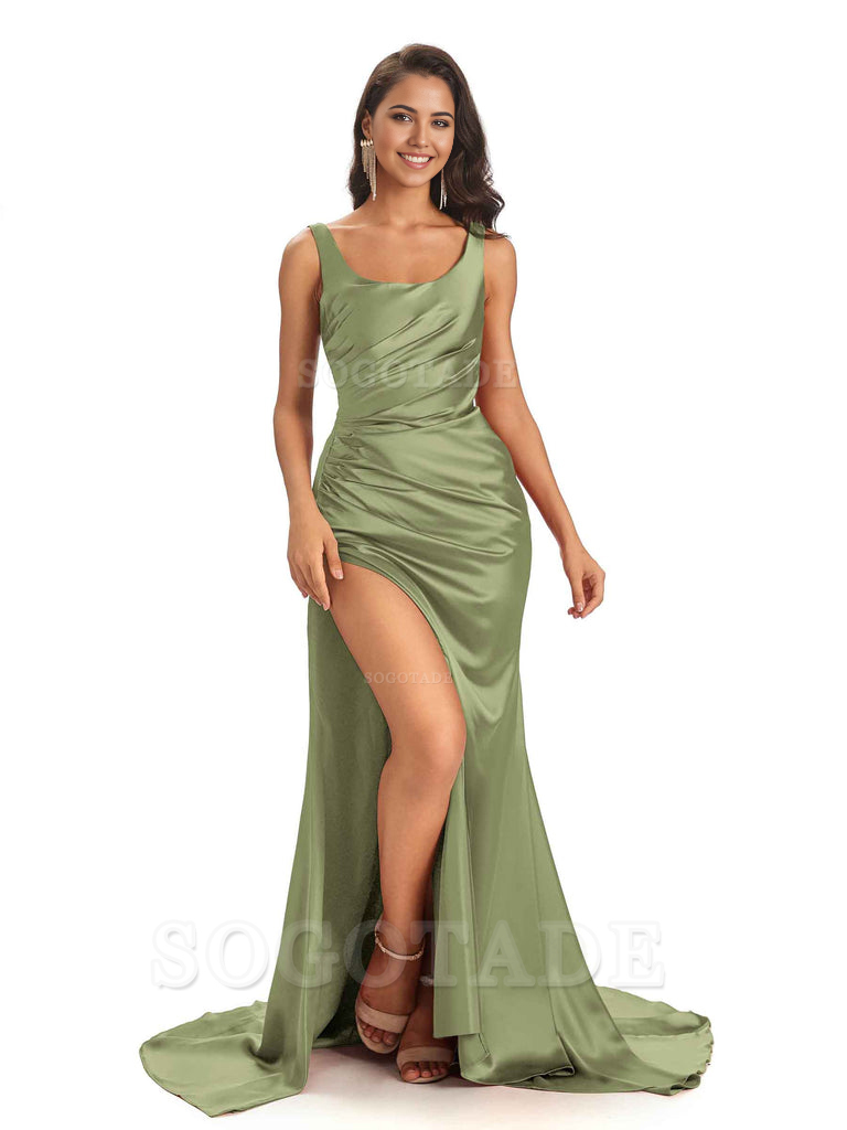 Mermaid Scoop Floor-Length Satin formal dresses evening gown Bridesmaid Dresses 