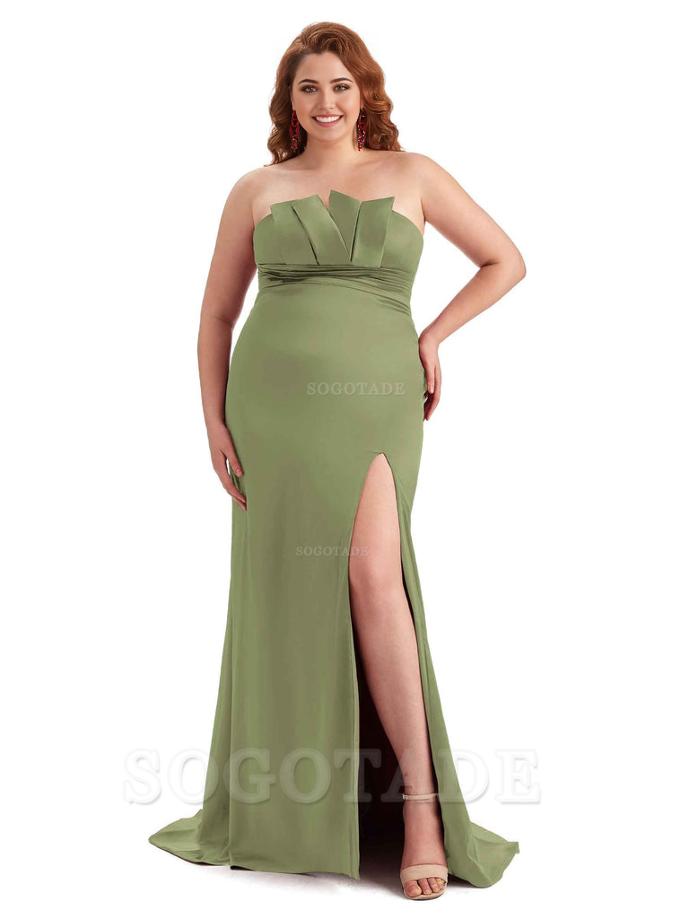 Sexy Side Slit Sleeveless Mermaid Soft Satin Long Plus Size Wedding Party Dresses For Wedding