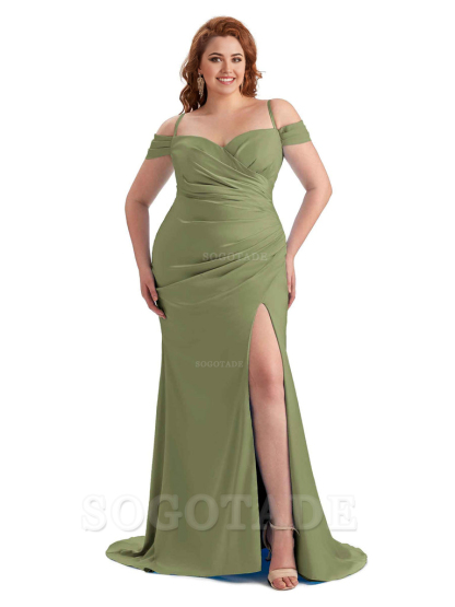 Sexy Side Slit Sleeveless Cold Shoulder Mermaid Soft Satin Long Plus Size Maid of Honor Dresses