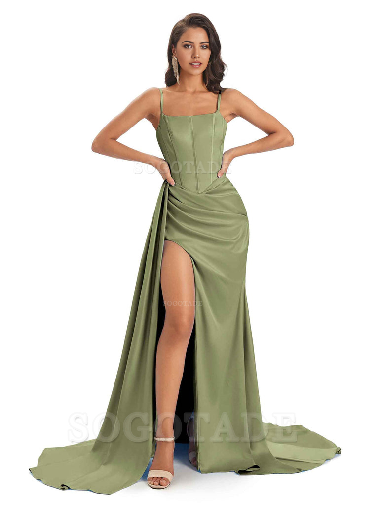 Spaghetti Straps Floor-Length Satin formal dresses evening gown Bridesmaid Dresses With Side Slit 
