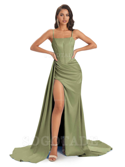 Spaghetti Straps Floor-Length Satin formal dresses evening gown Bridesmaid Dresses With Side Slit 