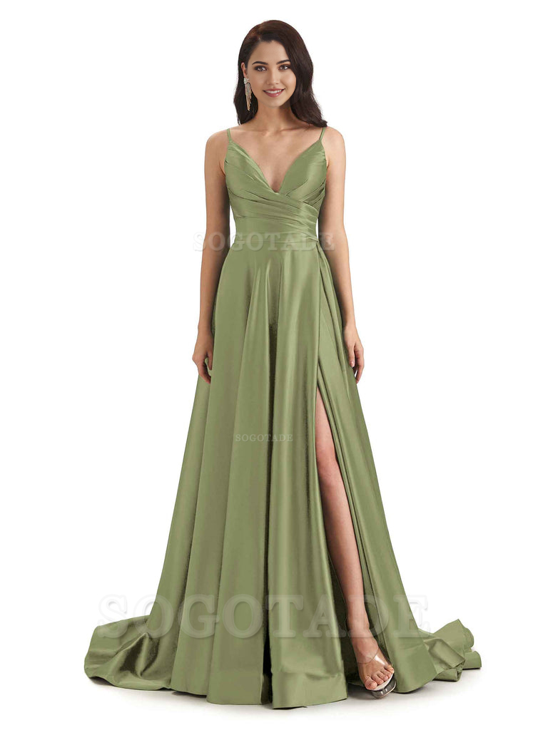 Spaghetti Straps Satin formal dresses evening gown Bridesmaid Dresses With Side Slit 