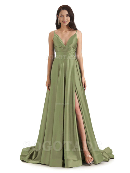 Spaghetti Straps Satin formal dresses evening gown Bridesmaid Dresses With Side Slit 