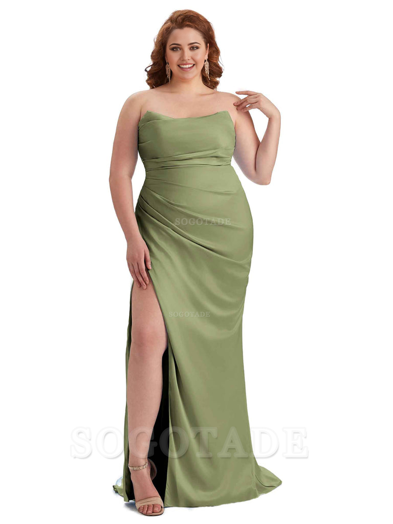 Sexy Side Slit Sleeveless Strapless Mermaid Soft Satin Long Plus Size Bridesmaid Dresses For Wedding