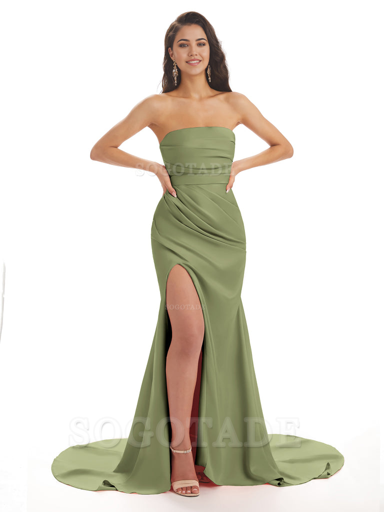 Mermaid Strapless Floor-Length Satin formal dresses evening gown Bridesmaid Dresses With Side Slit 