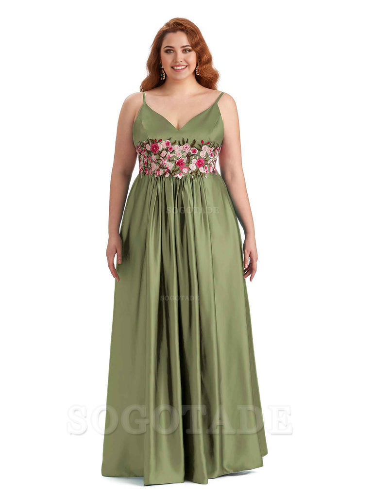 Unique Lace Spaghetti Straps Sleeveless Soft Satin Long Plus Size Bridesmaid Dress For Wedding