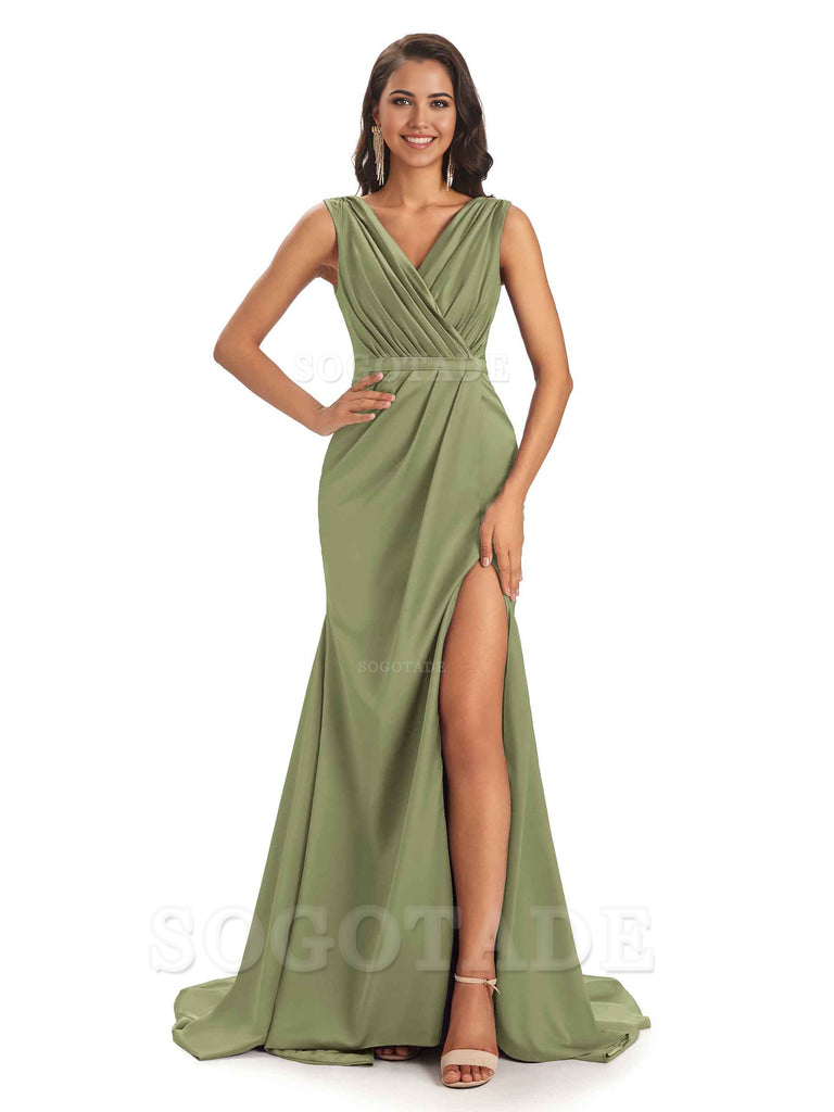 A-line V-neck Floor-Length Satin formal dresses evening gown Bridesmaid Dresses With Side Slit 