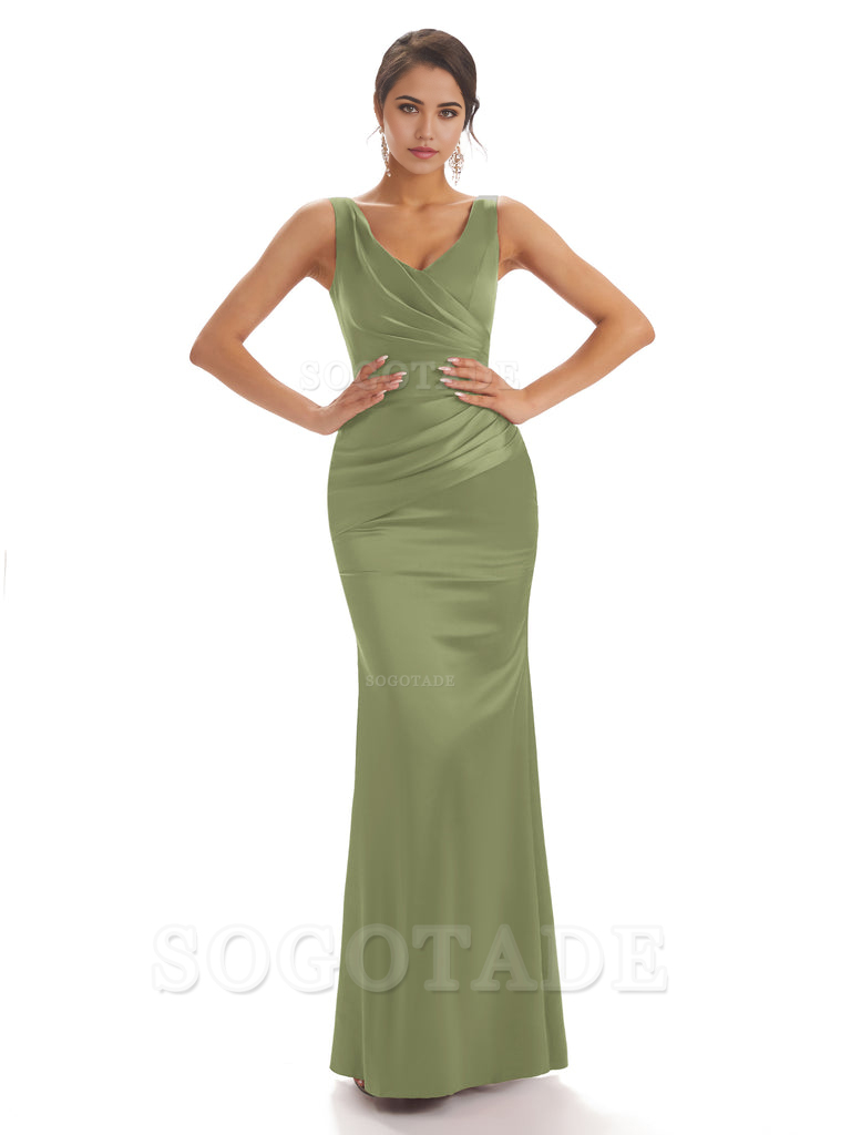 Sheath Sleeveless V-neck Floor-Length Satin formal dresses evening gown Bridesmaid Dresses With Pleats 