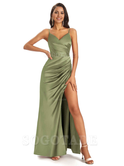 Sheath V-Neck Spaghetti Straps formal dresses evening gown Bridesmaid Dresses With Side Slit 