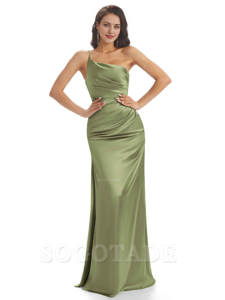 Sexy Soft Satin One Shoulder Side Slit Mermaid Long Bridesmaid Dresses prom dress shop ﻿