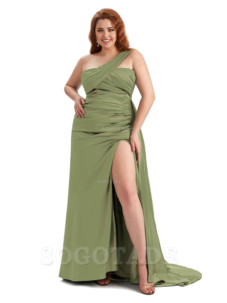  One Shoulder Sleeveless Sexy Side Hight Slit Mermaid Soft Satin Long Plus Size Bridesmaid Gowns