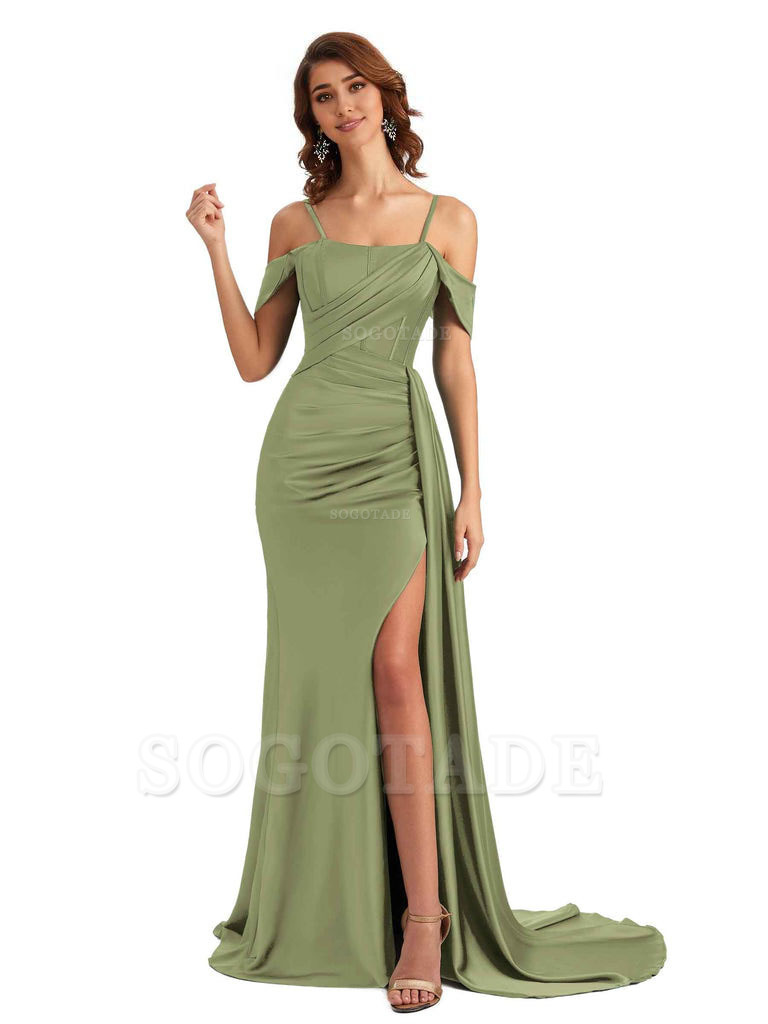 Sexy Side Slit Cold Shoulder Mermaid Satin Chic Long Wedding Guest Dresses