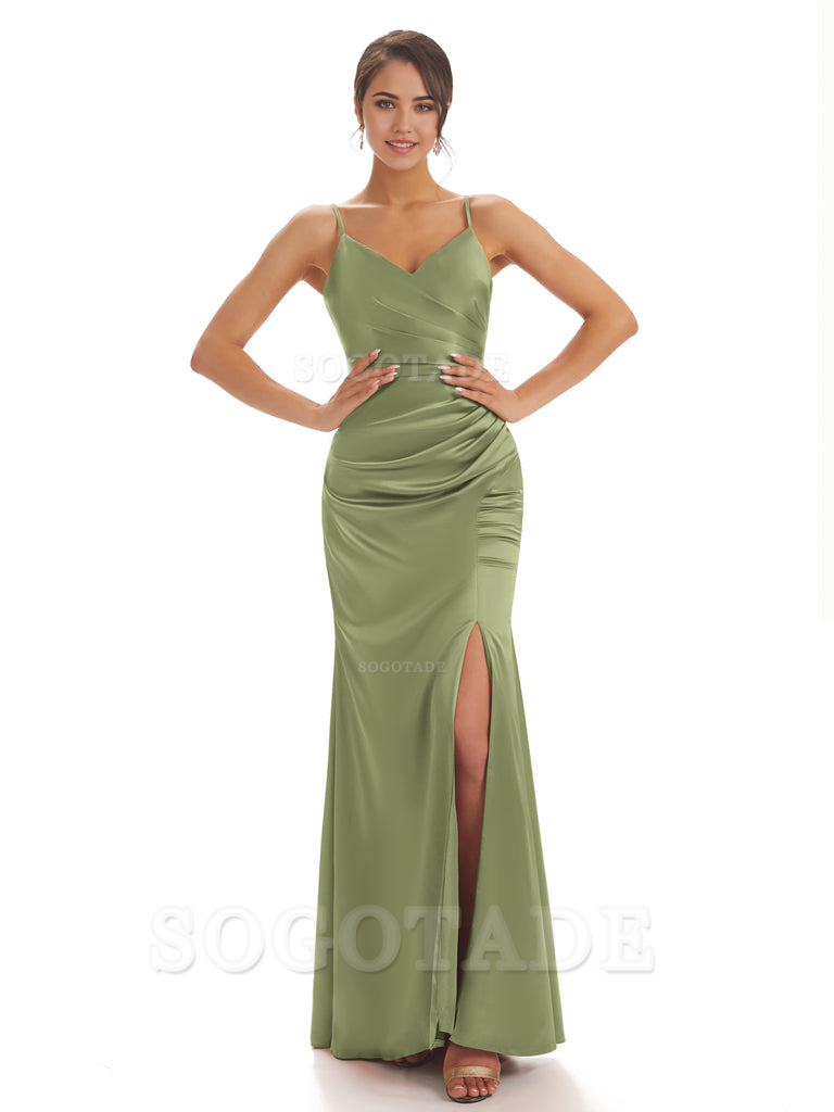 Spaghetti Straps Pleats Satin formal dresses evening gown Bridesmaid Dresses With Side Slit 