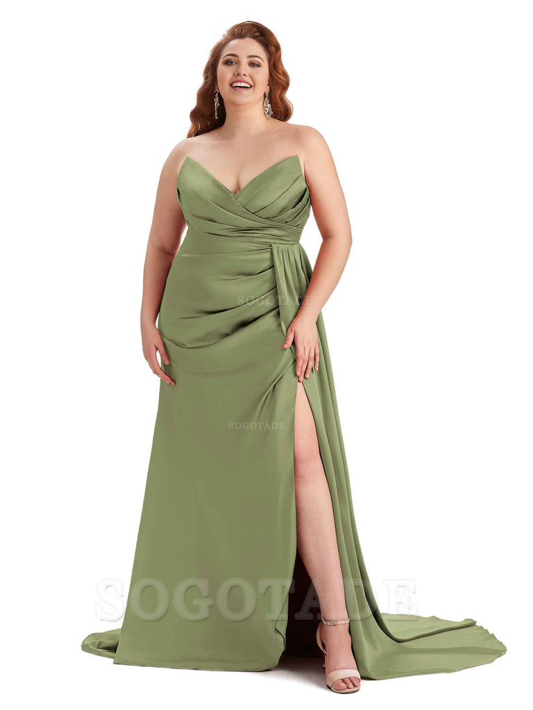 Sexy V-neck Side Slit Sleeveless Mermaid Soft Satin Long Plus Size Bridesmaid Gowns