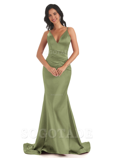 Mermaid Spaghetti V-Neck Straps Satin Long formal dresses evening gown Bridesmaid Dresses With Side Slit 