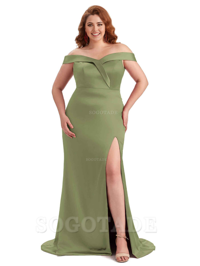 Elegant Off The Shoulder Sleeveless Side Slit Mermaid Soft Satin Long Plus Size Bridesmaid Gowns