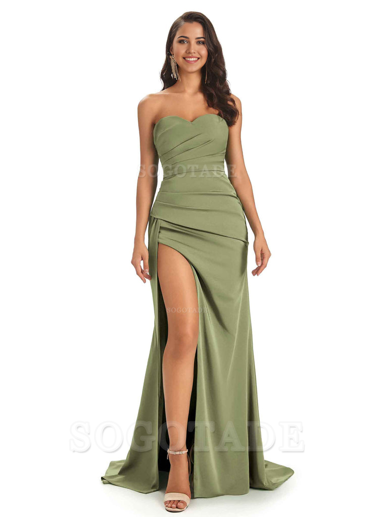 Mermaid Strapless Sweetheart Satin Long formal dresses evening gown Bridesmaid Dresses With Side Slit 