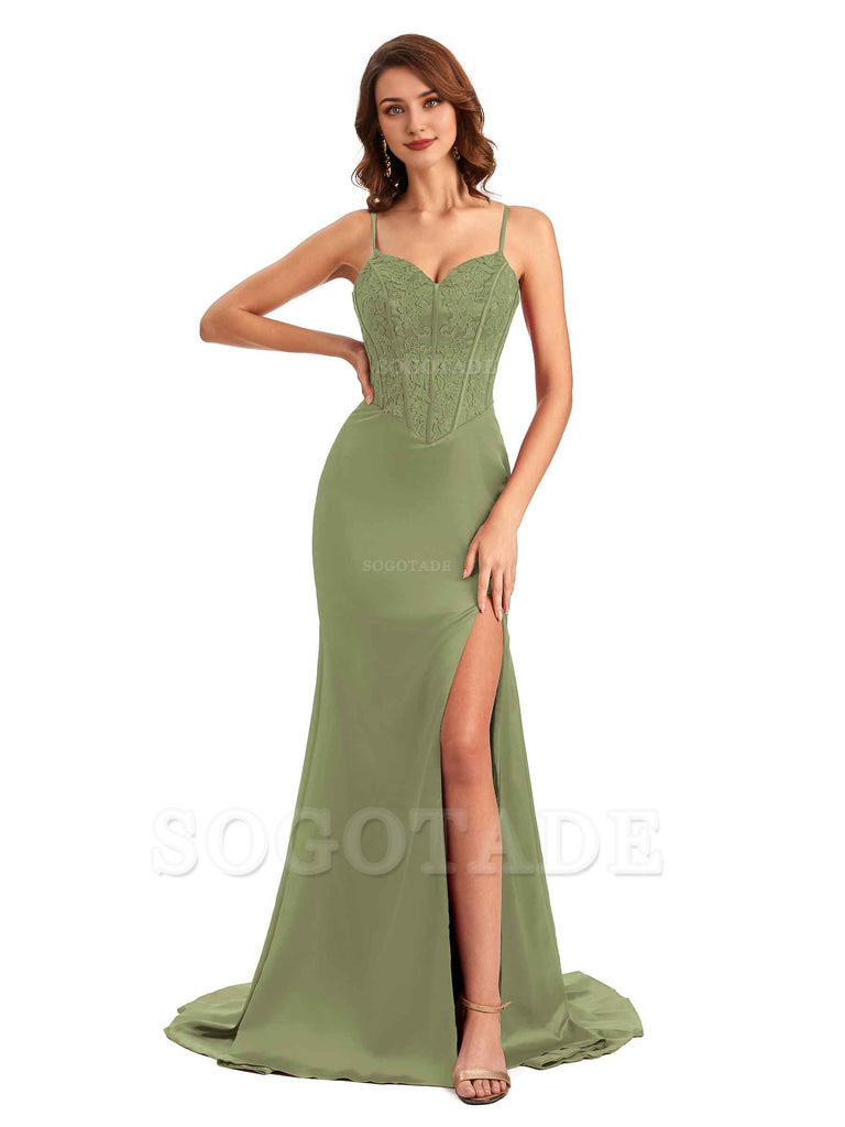 Sexy Side Slit Mermaid Silky Satin V-Neck Lace Unique Long Bridesmaid Dresses