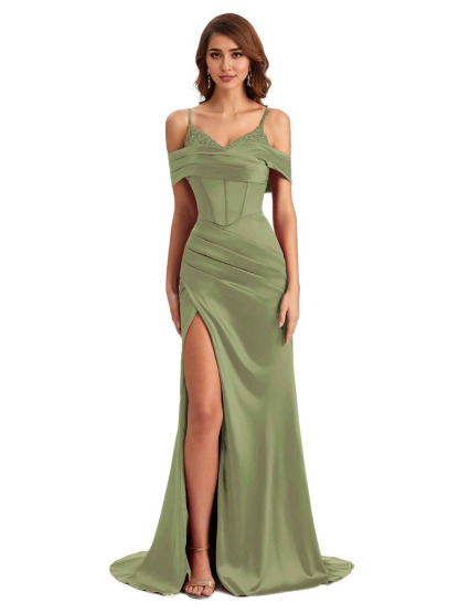  Sexy Side Slit Mermaid Silky Satin V-Neck Cold Shoulder Unique Nice Wedding Guest Dresses
