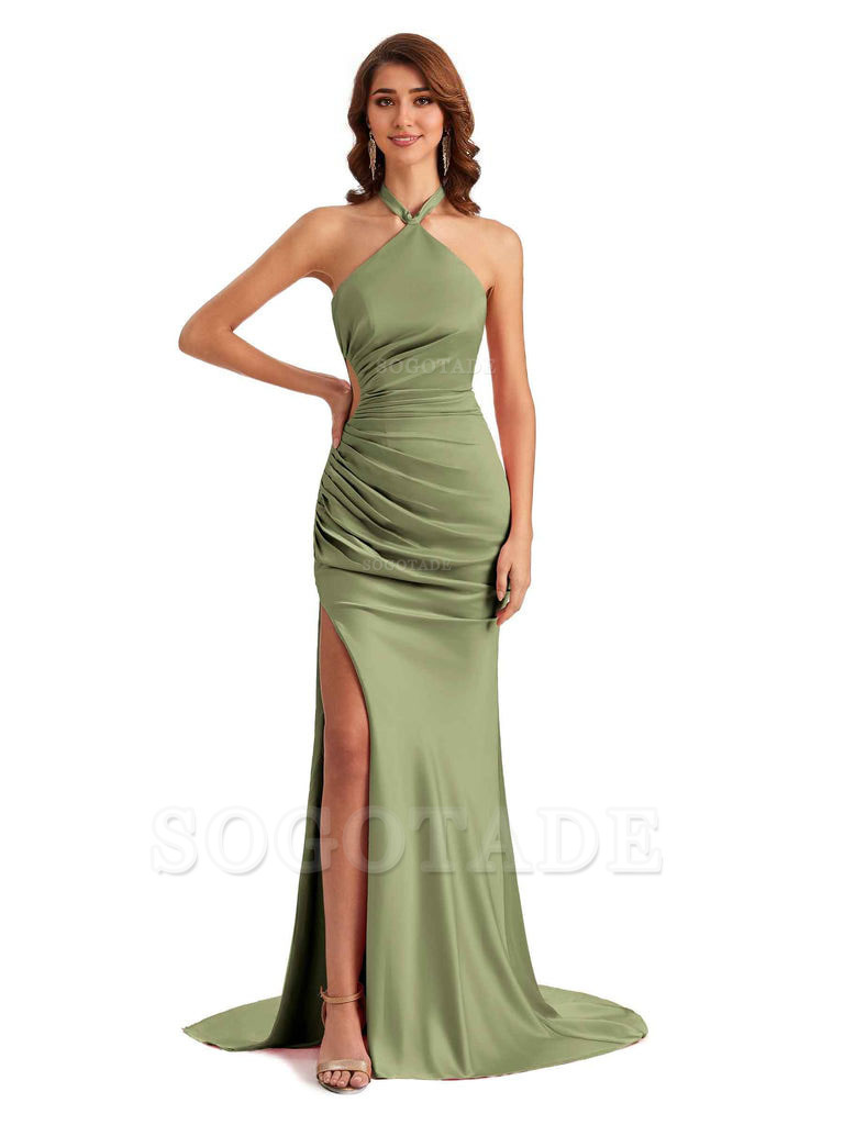 Sexy Halter Mermaid Silky Satin Unique Long Formal Wedding Guest Dresses