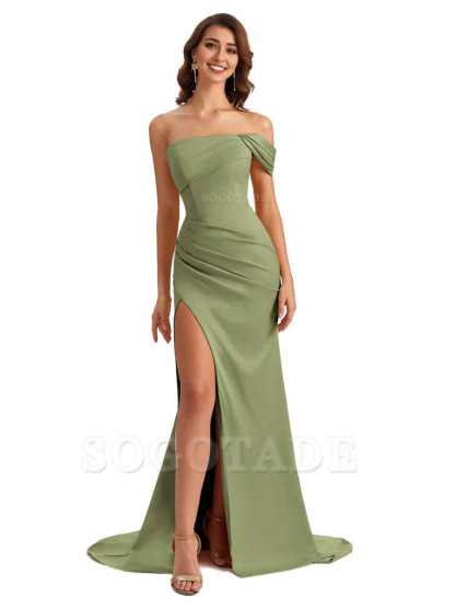 Unique One Shoulder Side Slit Satin Long Formal Dresses For Bridesmaid Dresses