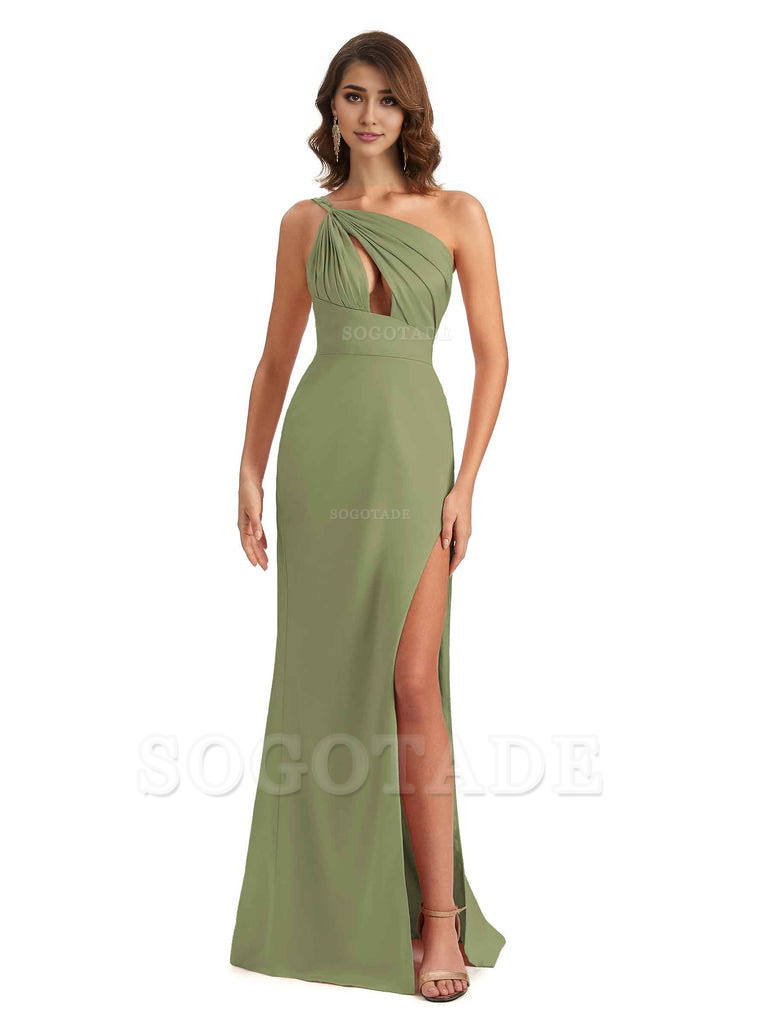 Sexy One Shoulder Silky Satin Unique Long Ladies Bridesmaid Dress For Wedding